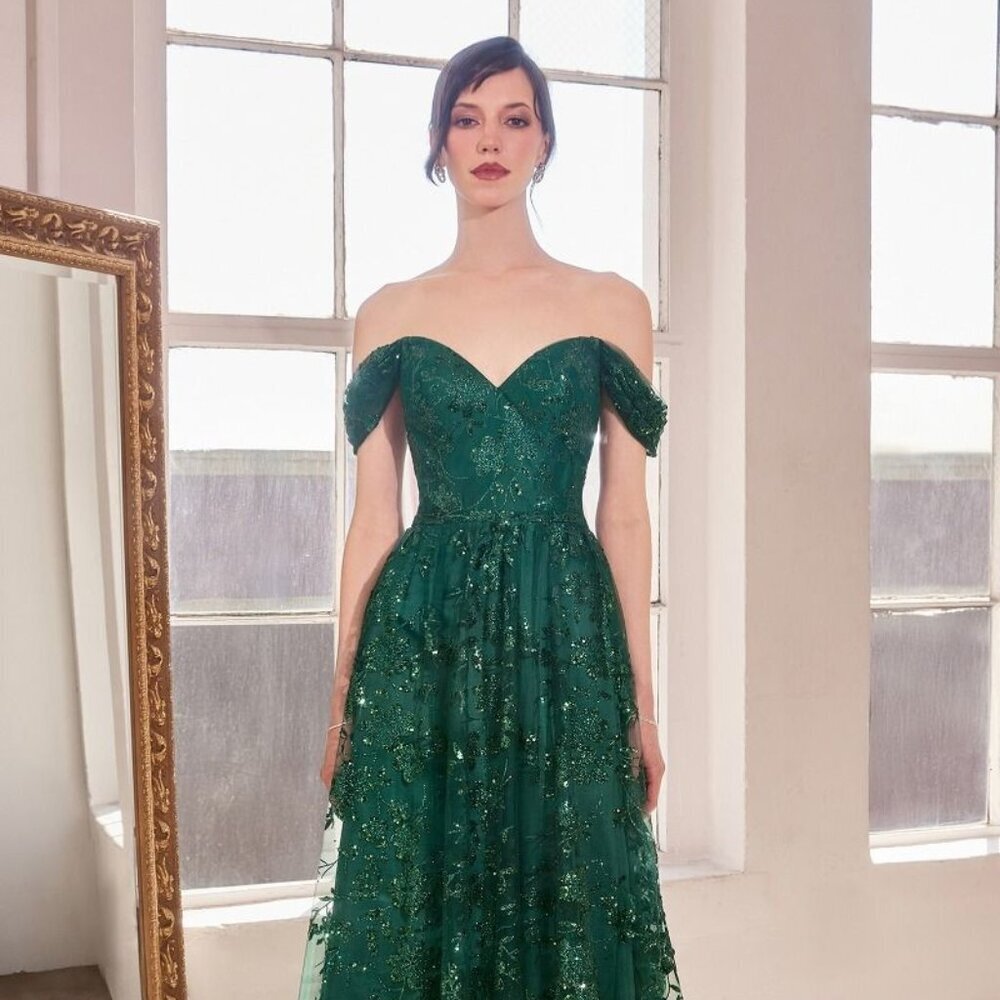 New Off Shoulder A-Line Sequins Embellished Maxi Gown w/ Sweetheart Neck CD T607